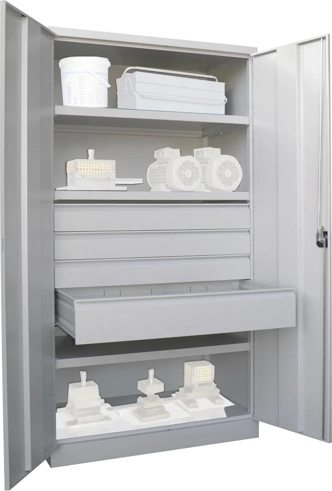 Armoire robuste PAVOY avec portes, H 1950 x L 1040 x P 630 mm, 3 tiroirs, LS 3xPH 125,1 x 175 mm, RAL 7035