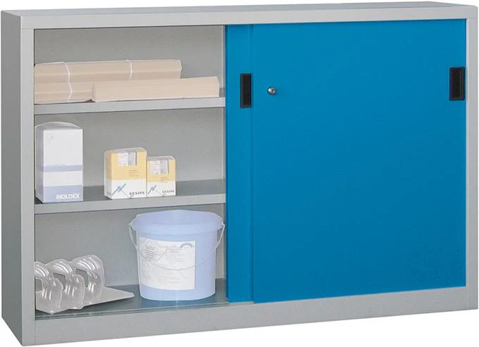 Armoire à portes coulissantes PAVOY, L1500xP400xH1000 mm 4 tablettes zinguées cloison centrale RAL 7035/5012