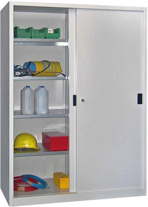 Armoire à portes coulissantes PAVOY, L1500xP600xH1000 mm 4 tablettes zinguées cloison centrale RAL 7035/7016
