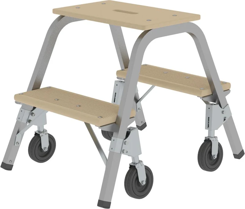 Marchepied acier-bois MUNK, mobile 2 marches en bois 4 roulettes Hauteur de la planche supérieure 0,49 m Hauteur de travail jusqu'à 2,40 m