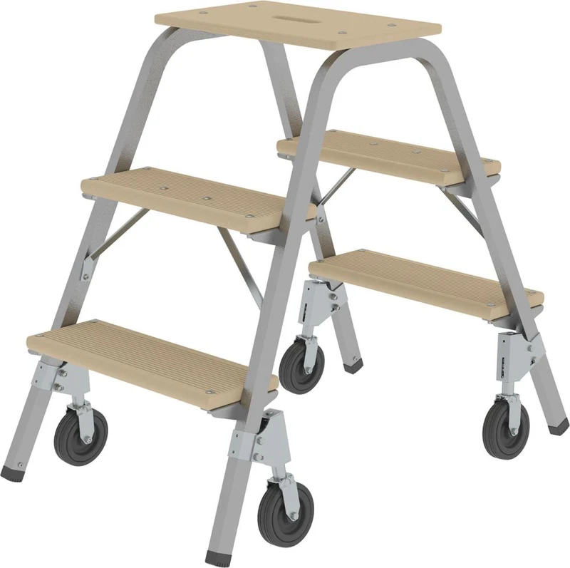 Marchepied acier-bois MUNK, mobile 3 marches en bois 4 roulettes Hauteur de la planche supérieure 0,73 m Hauteur de travail jusqu'à 2,60 m