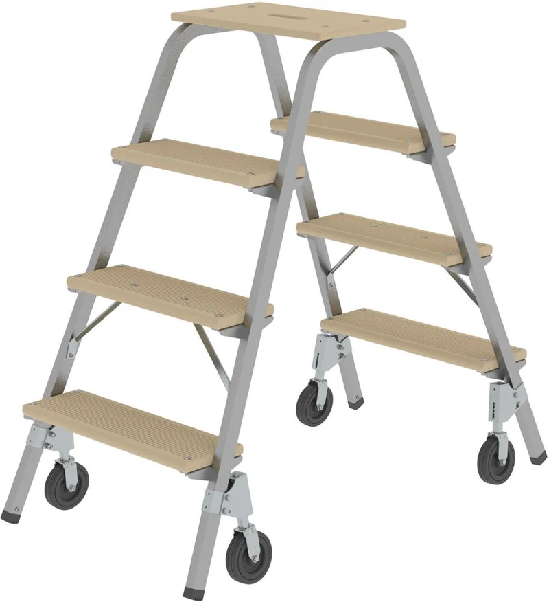 Marchepied acier-bois MUNK, mobile 4 marches en bois 4 roulettes Hauteur de la planche supérieure 0,97 m Hauteur de travail jusqu'à 2,80 m