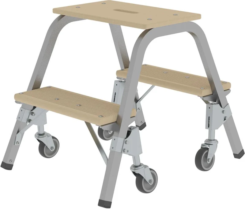 Marchepied acier-bois MUNK, mobile 2 marches en bois 4 roulettes Hauteur de la planche supérieure 0,49 m Hauteur de travail jusqu'à 2,40 m