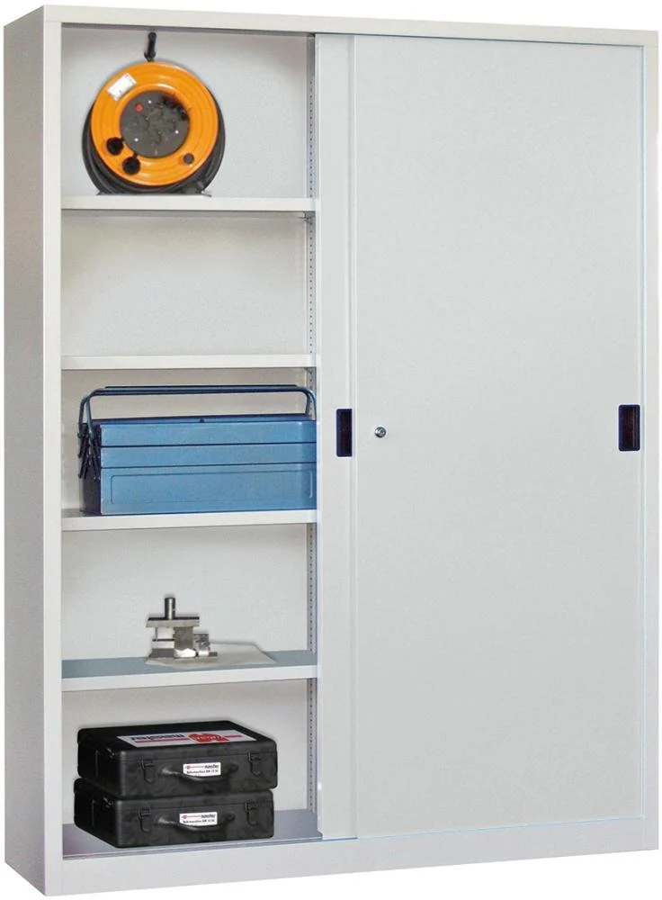 Armoire lourde PAVOY, H1200xL1500xP600 mm 4 étagères galvanisées cloison centrale RAL 7035 porte coulissante