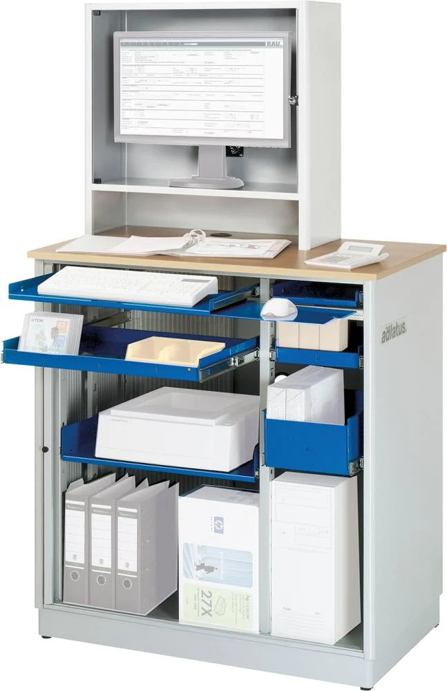 Table informatique RAU, L1030xP660xH1810 mm RAL 7035/5010 boîtier stationnaire avec porte