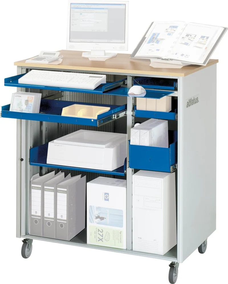 Table informatique RAU, L1030xP660xH1100 mm RAL 7035/5010 mobile sans boîtier de moniteur