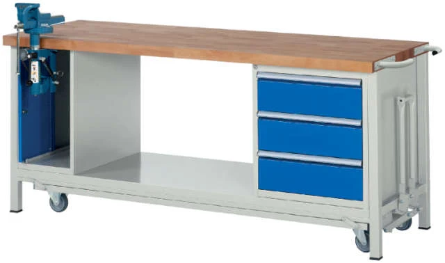 Établi abaissable, RAU, 3 tiroirs, 1 armoire avec étau