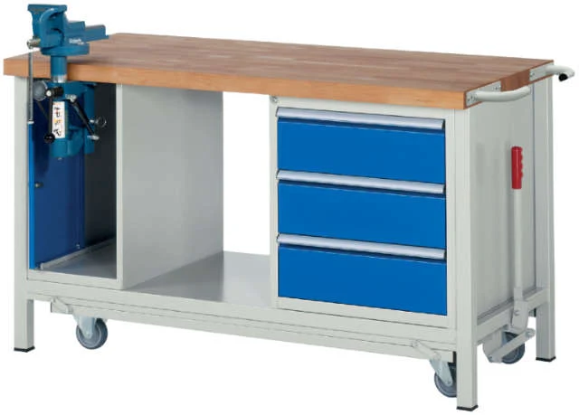 Établi abaissable, RAU, 3 tiroirs, 1 armoire avec étau