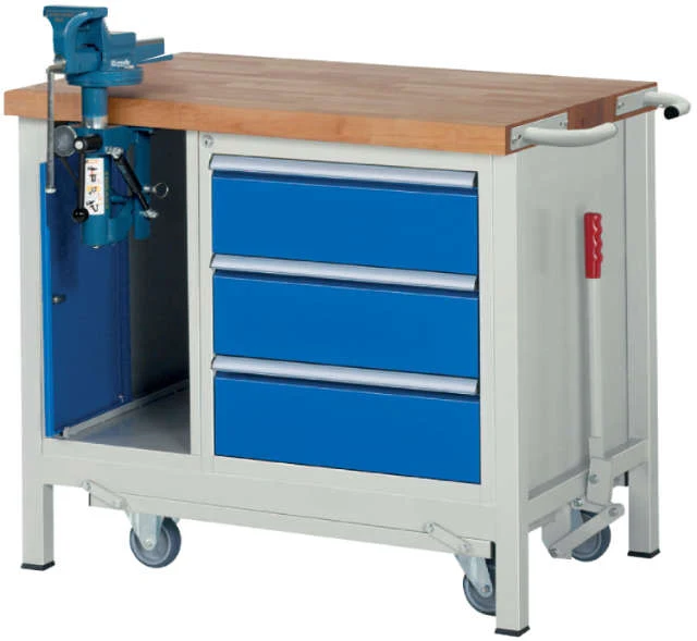Établi abaissable, RAU, 3 tiroirs, 1 armoire avec étau